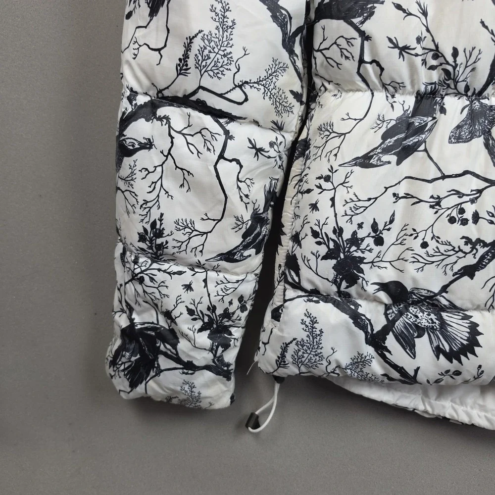 Nike ACG 800 Hooded Down Puffer Jacket Womens XS White Black Bird Toile Print